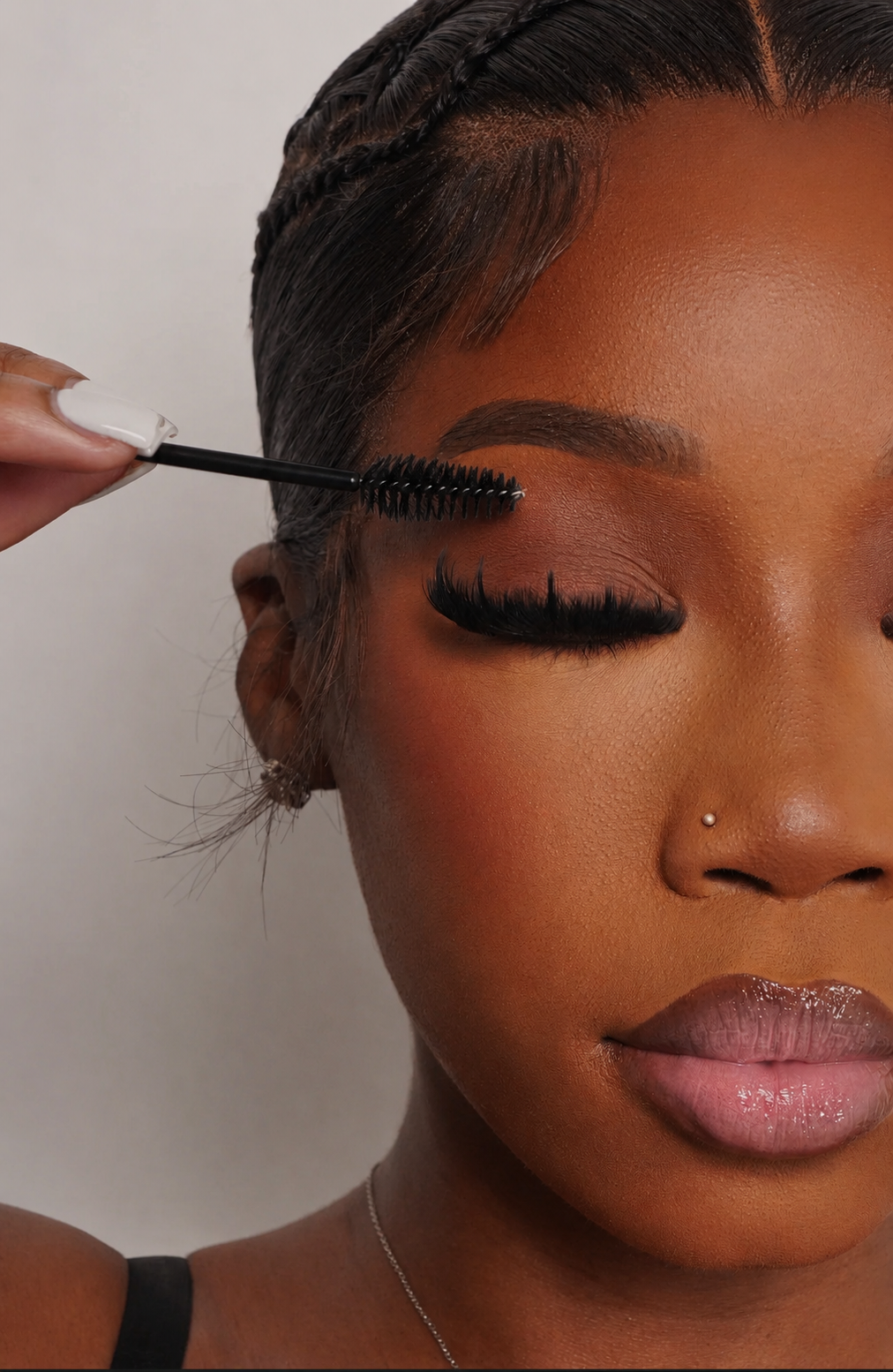 Lash technician brushing through a set of individual lashes